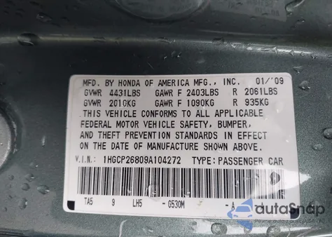 2009 Honda Accord 2.4 Ex-L from USA, damaged, VIN 1HGCP26809A104272